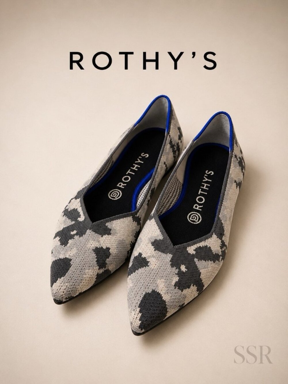 Rothy’s The Point Flats Ash Grey Camo Pointed Toe Washable Knit Shoes Size 8.5